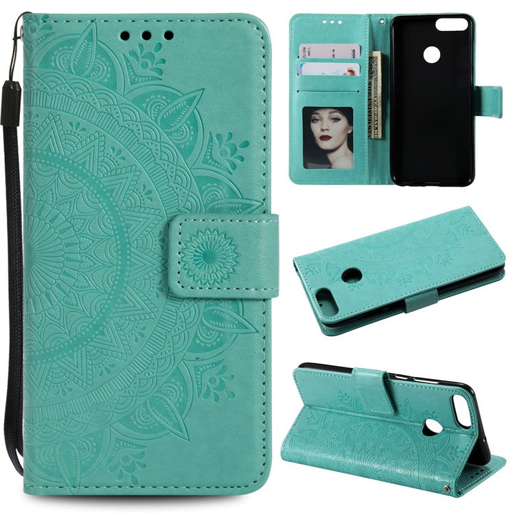 Imprint Butterfly Flower Wallet Leather Stand Cover for Huawei P Smart / Enjoy 7S - Cyan