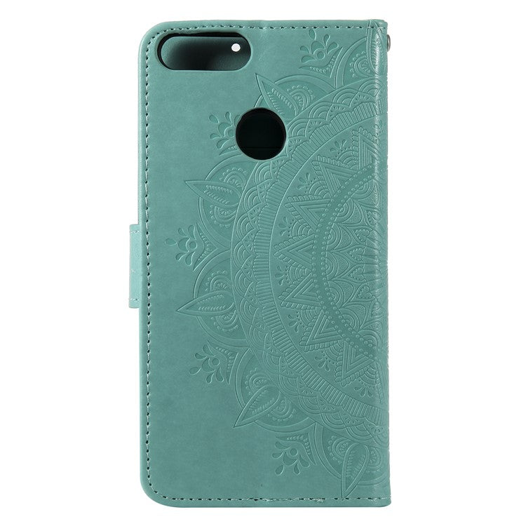 Imprint Butterfly Flower Wallet Leather Stand Cover for Huawei P Smart / Enjoy 7S - Cyan