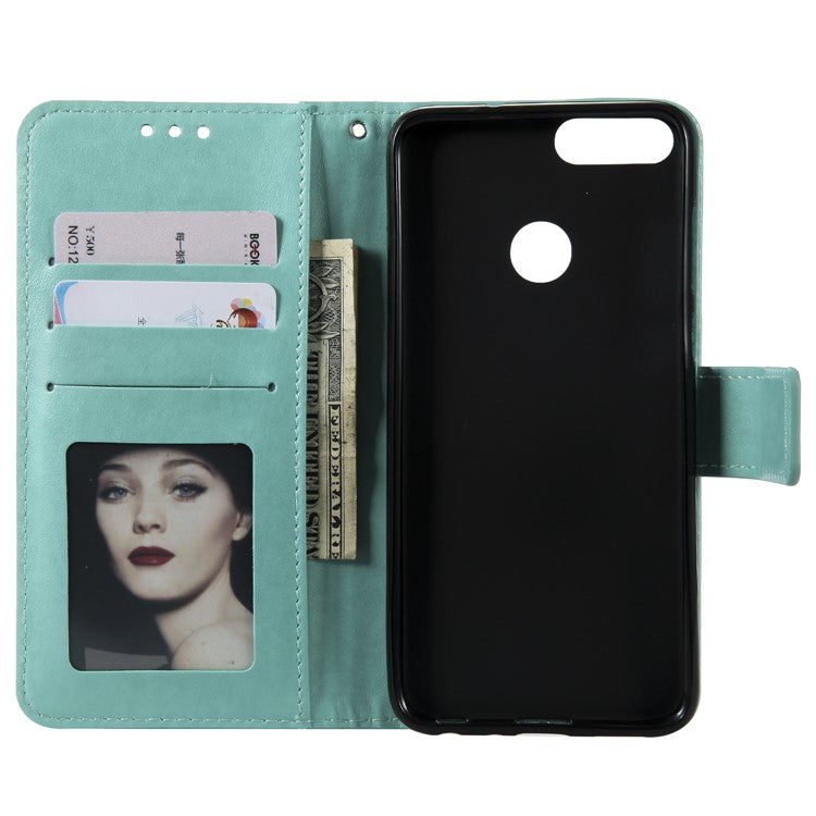 Imprint Butterfly Flower Wallet Leather Stand Cover for Huawei P Smart / Enjoy 7S - Cyan