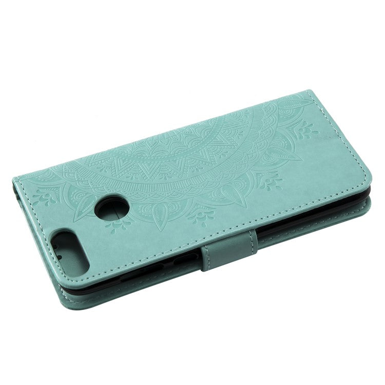 Imprint Butterfly Flower Wallet Leather Stand Cover for Huawei P Smart / Enjoy 7S - Cyan