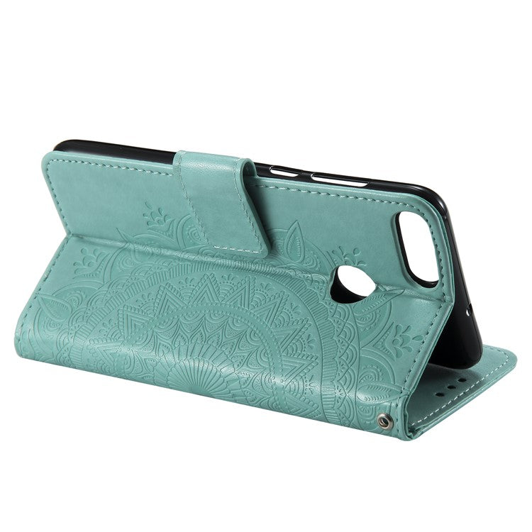 Imprint Butterfly Flower Wallet Leather Stand Cover for Huawei P Smart / Enjoy 7S - Cyan