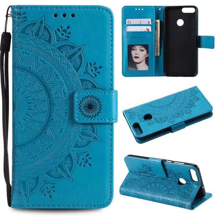 Imprint Butterfly Flower Phone Leather Wallet Case for Huawei P Smart / Enjoy 7S - Blue