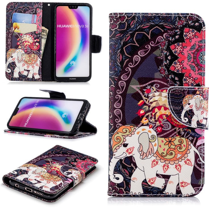 Patterned Leather Wallet Stand Mobile Case for Huawei P20 Lite / Nova 3e - Elephant and Peacock