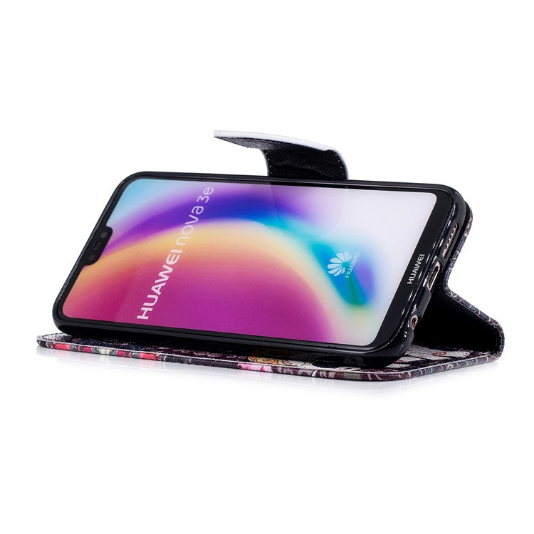 Patterned Leather Wallet Stand Mobile Case for Huawei P20 Lite / Nova 3e - Elephant and Peacock