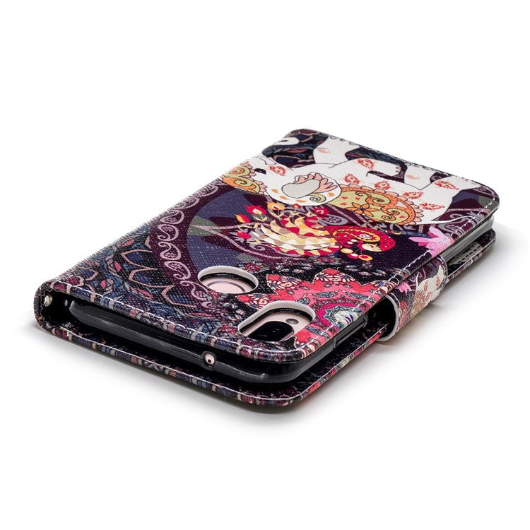 Patterned Leather Wallet Stand Mobile Case for Huawei P20 Lite / Nova 3e - Elephant and Peacock