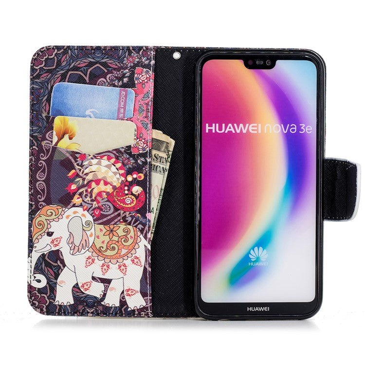 Patterned Leather Wallet Stand Mobile Case for Huawei P20 Lite / Nova 3e - Elephant and Peacock