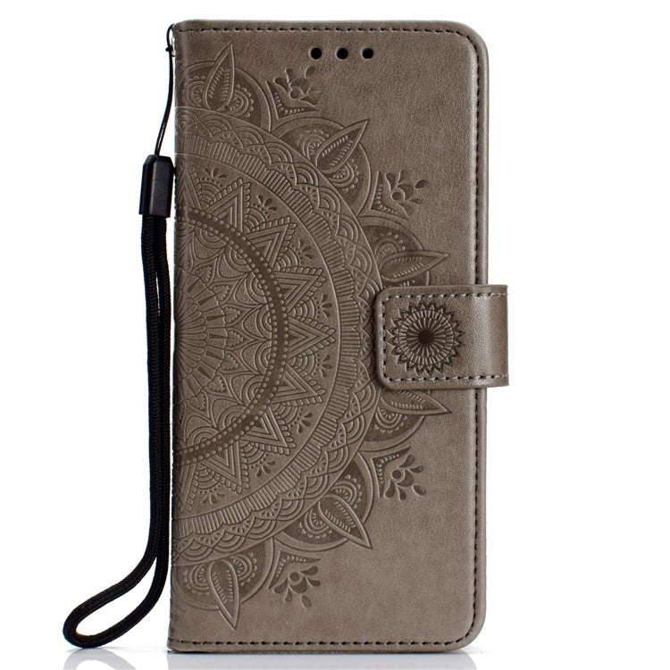 Imprint Mandala Flower  Leather Wallet Flip Casing for Huawei Y6 (2018) / Honor 7A (without Fingerprint Sensor) - Grey