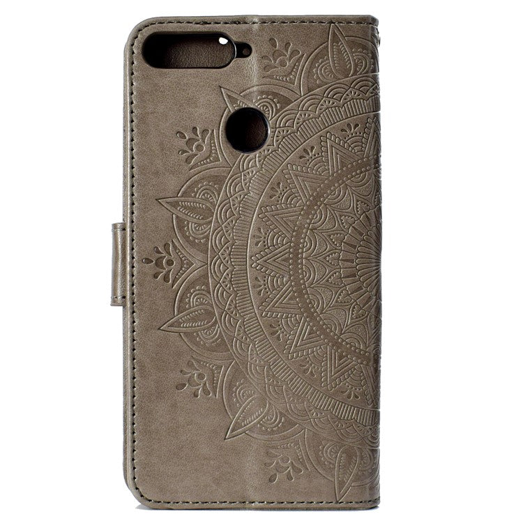 Imprint Mandala Flower  Leather Wallet Flip Casing for Huawei Y6 (2018) / Honor 7A (without Fingerprint Sensor) - Grey