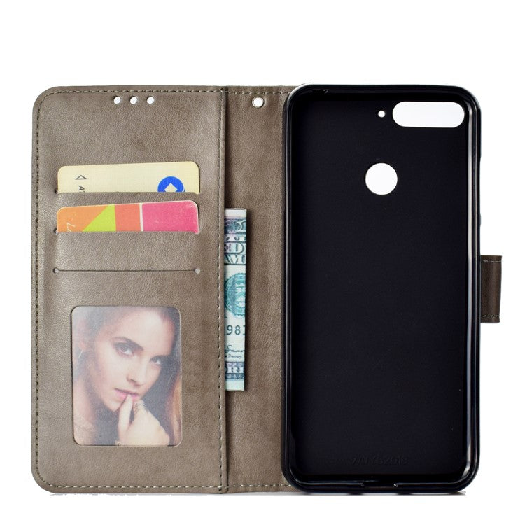 Imprint Mandala Flower  Leather Wallet Flip Casing for Huawei Y6 (2018) / Honor 7A (without Fingerprint Sensor) - Grey