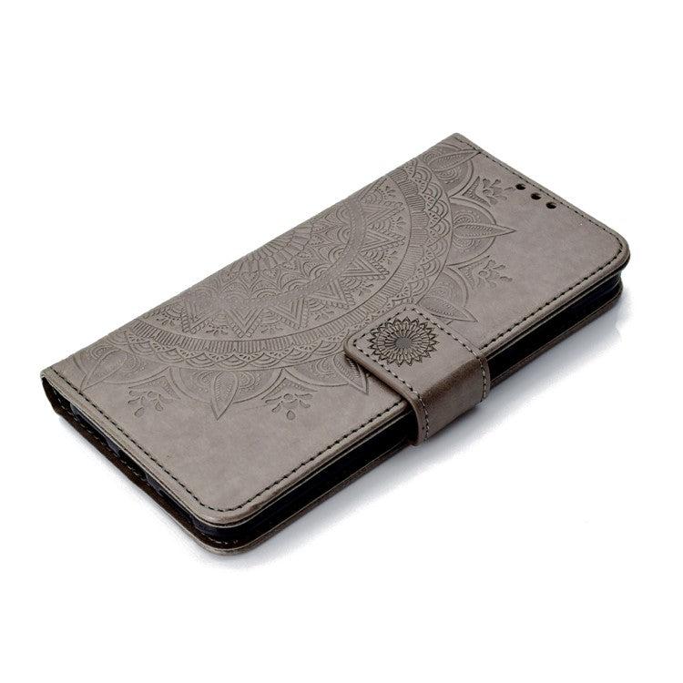 Imprint Mandala Flower  Leather Wallet Flip Casing for Huawei Y6 (2018) / Honor 7A (without Fingerprint Sensor) - Grey
