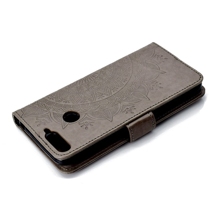 Imprint Mandala Flower  Leather Wallet Flip Casing for Huawei Y6 (2018) / Honor 7A (without Fingerprint Sensor) - Grey