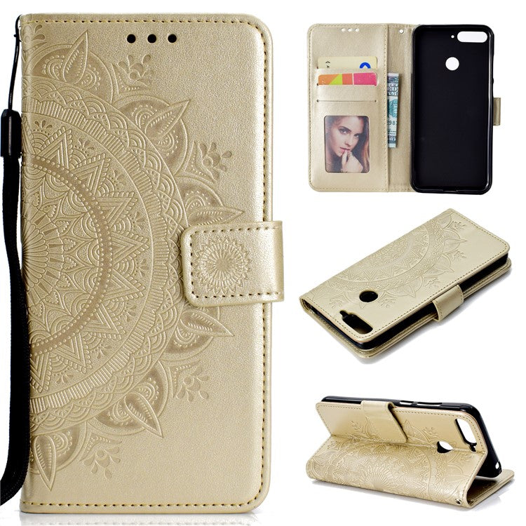Imprint Mandala Flower  Leather Wallet Flip Case Cover for Huawei Y6 (2018) / Honor 7A (without Fingerprint Sensor) - Gold