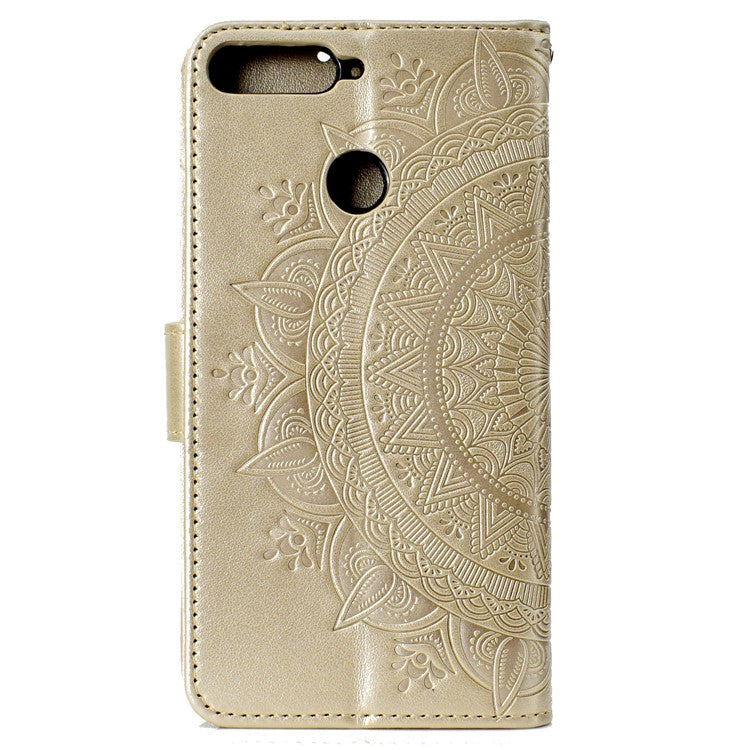 Imprint Mandala Flower  Leather Wallet Flip Case Cover for Huawei Y6 (2018) / Honor 7A (without Fingerprint Sensor) - Gold