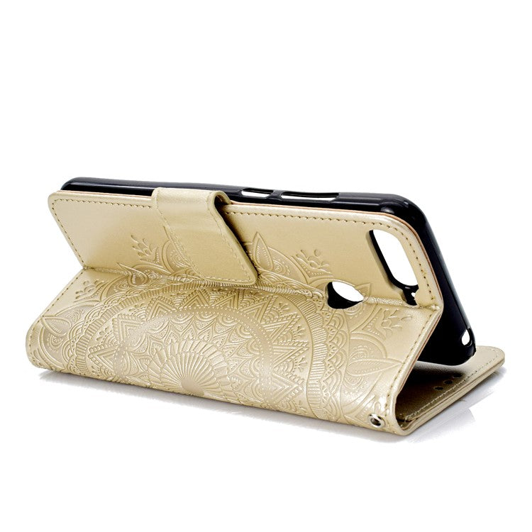 Imprint Mandala Flower  Leather Wallet Flip Case Cover for Huawei Y6 (2018) / Honor 7A (without Fingerprint Sensor) - Gold