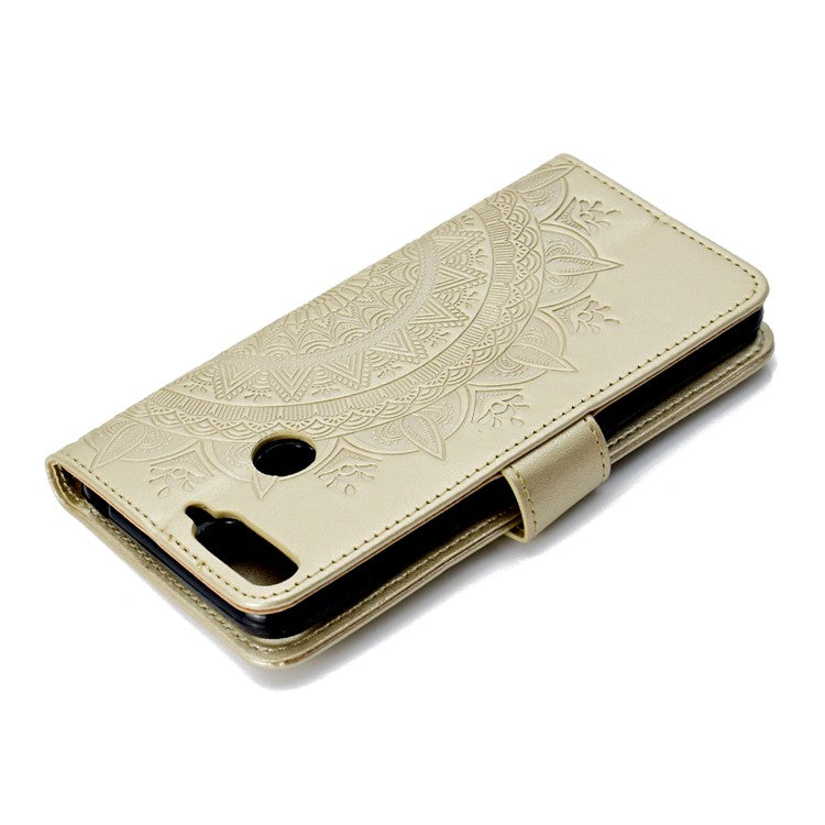 Imprint Mandala Flower  Leather Wallet Flip Case Cover for Huawei Y6 (2018) / Honor 7A (without Fingerprint Sensor) - Gold