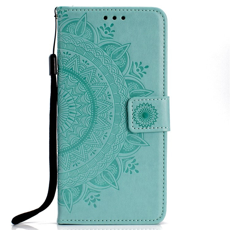 Imprint Mandala Flower  Leather Wallet Flip Casing Cover for Huawei Y6 (2018) / Honor 7A (without Fingerprint Sensor) - Cyan
