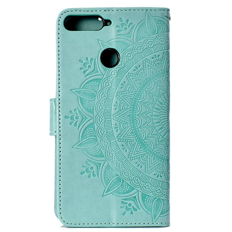 Imprint Mandala Flower  Leather Wallet Flip Casing Cover for Huawei Y6 (2018) / Honor 7A (without Fingerprint Sensor) - Cyan