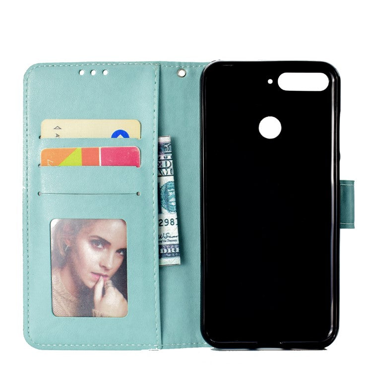 Imprint Mandala Flower  Leather Wallet Flip Casing Cover for Huawei Y6 (2018) / Honor 7A (without Fingerprint Sensor) - Cyan