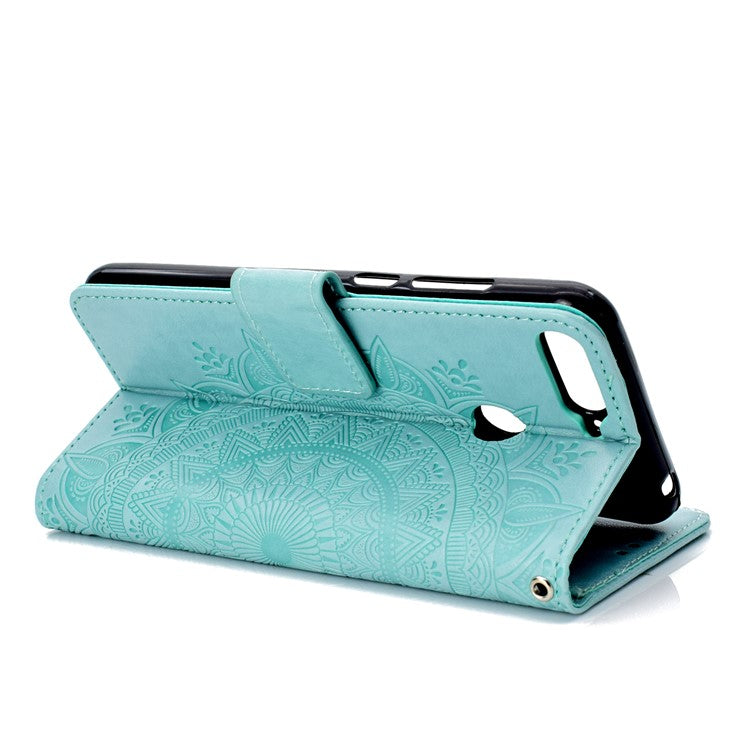 Imprint Mandala Flower  Leather Wallet Flip Casing Cover for Huawei Y6 (2018) / Honor 7A (without Fingerprint Sensor) - Cyan