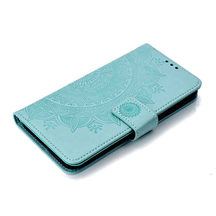 Imprint Mandala Flower  Leather Wallet Flip Casing Cover for Huawei Y6 (2018) / Honor 7A (without Fingerprint Sensor) - Cyan