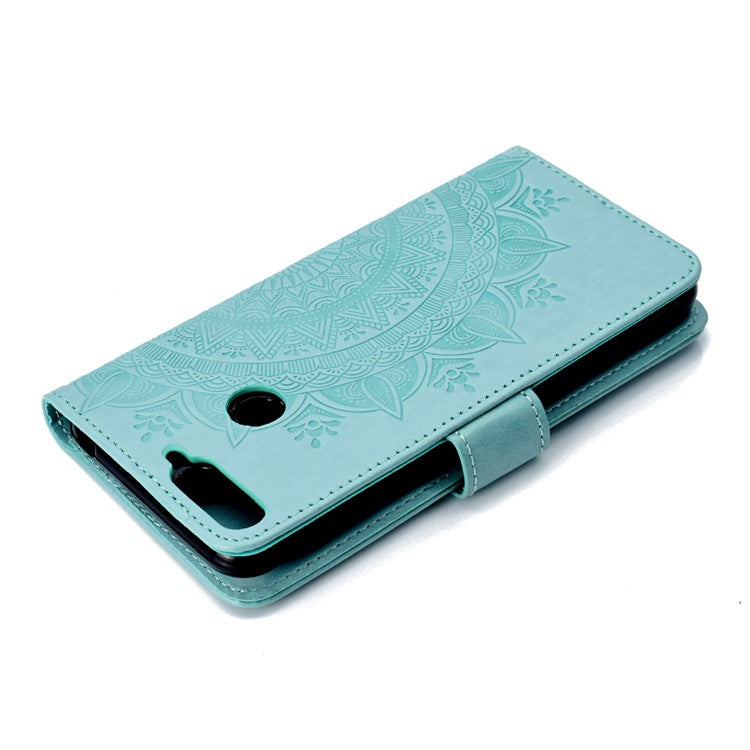 Imprint Mandala Flower  Leather Wallet Flip Casing Cover for Huawei Y6 (2018) / Honor 7A (without Fingerprint Sensor) - Cyan