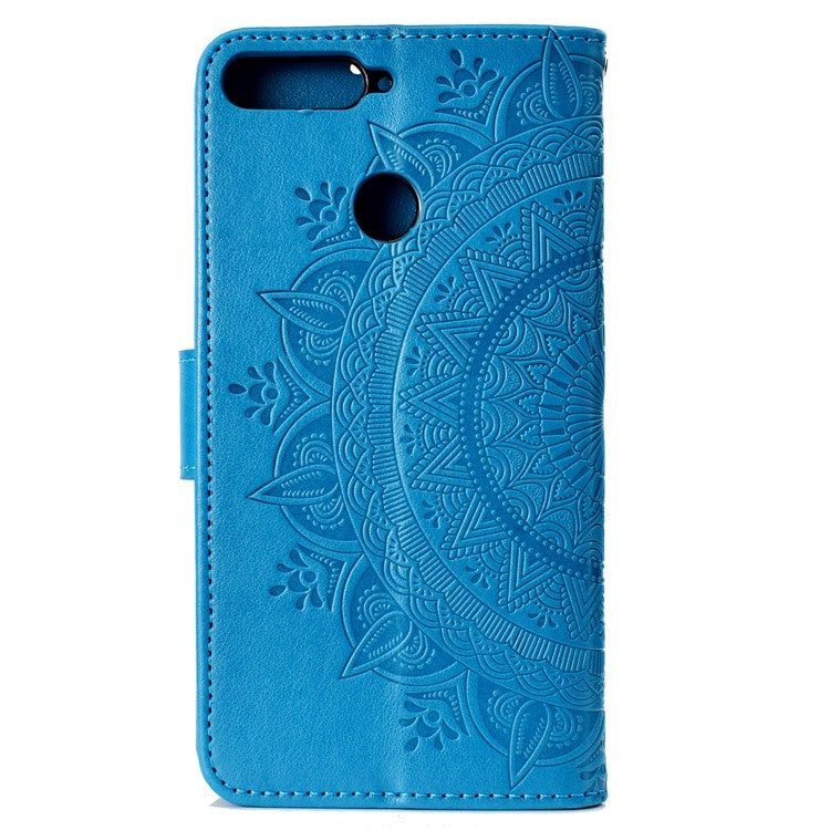 Imprint Mandala Flower  Leather Wallet Flip Case Shell for Huawei Y6 (2018) / Honor 7A (without Fingerprint Sensor) - Blue