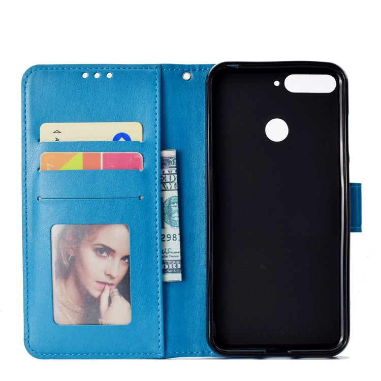 Imprint Mandala Flower  Leather Wallet Flip Case Shell for Huawei Y6 (2018) / Honor 7A (without Fingerprint Sensor) - Blue
