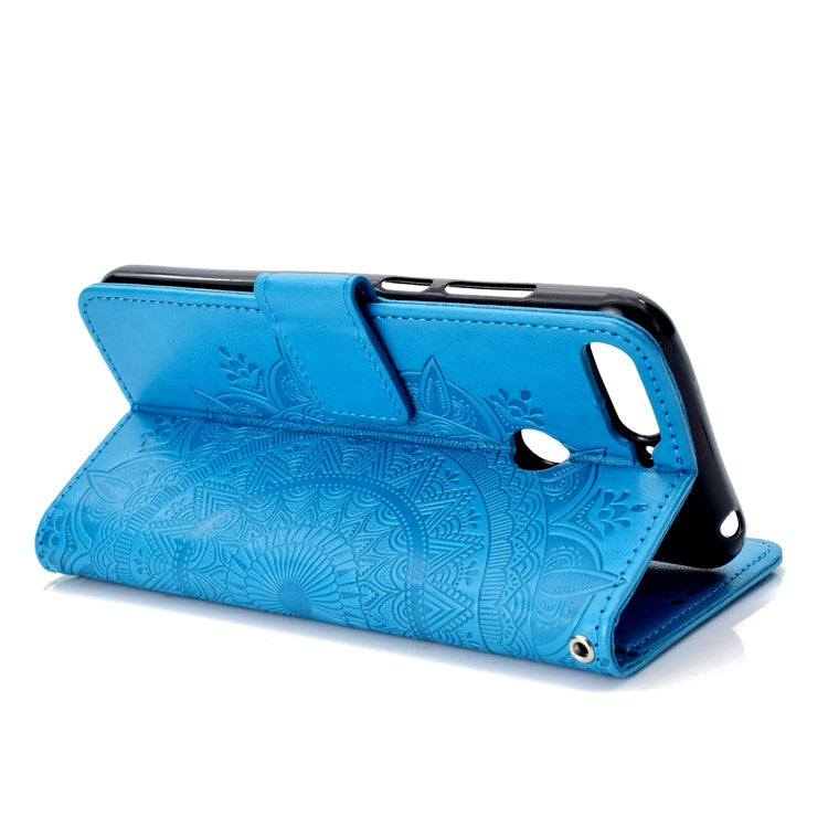 Imprint Mandala Flower  Leather Wallet Flip Case Shell for Huawei Y6 (2018) / Honor 7A (without Fingerprint Sensor) - Blue