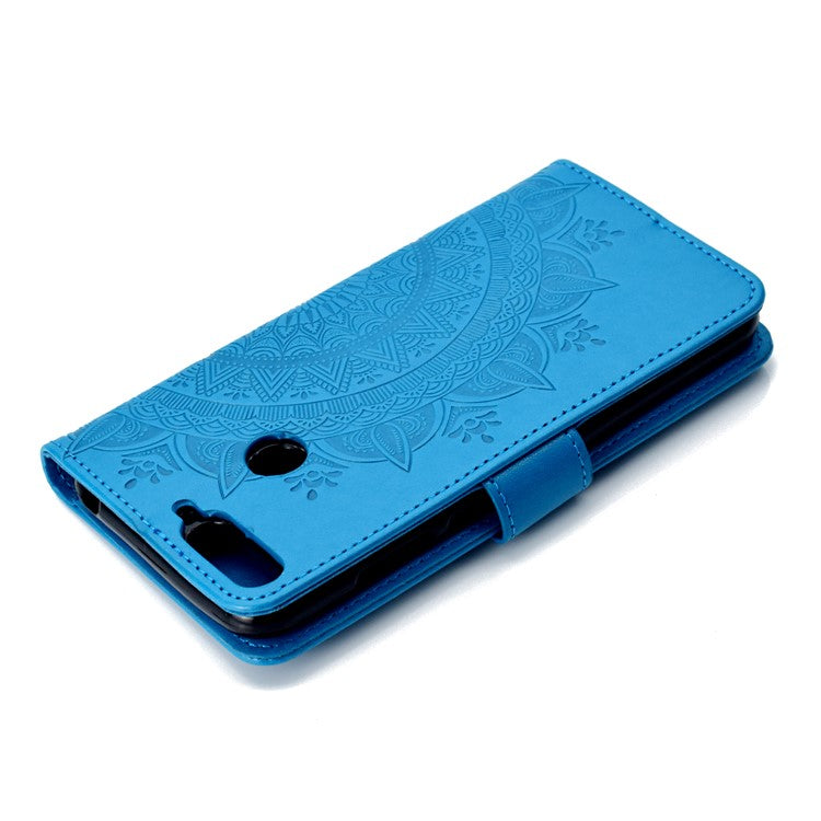 Imprint Mandala Flower  Leather Wallet Flip Case Shell for Huawei Y6 (2018) / Honor 7A (without Fingerprint Sensor) - Blue