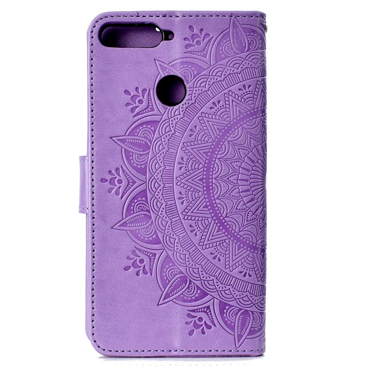 Imprint Mandala Flower  Leather Wallet Flip Phone Shell for Huawei Y6 (2018) / Honor 7A (without Fingerprint Sensor) - Purple