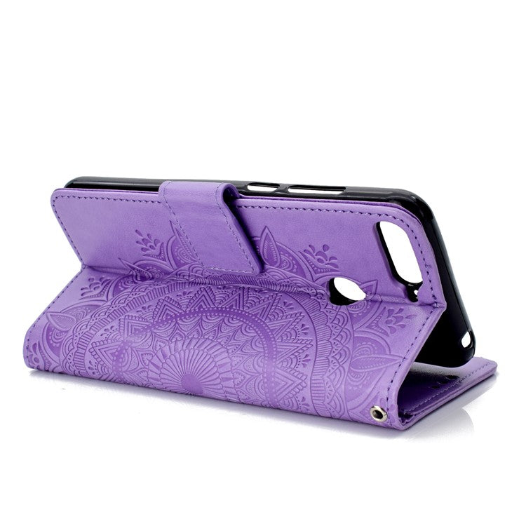 Imprint Mandala Flower  Leather Wallet Flip Phone Shell for Huawei Y6 (2018) / Honor 7A (without Fingerprint Sensor) - Purple