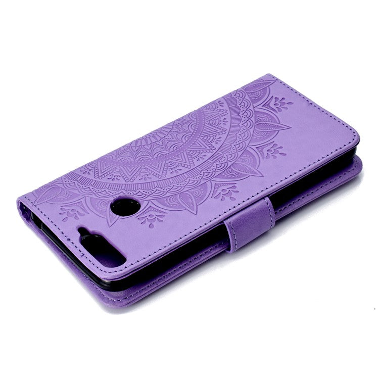 Imprint Mandala Flower  Leather Wallet Flip Phone Shell for Huawei Y6 (2018) / Honor 7A (without Fingerprint Sensor) - Purple