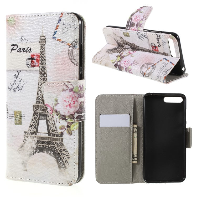 Cross Texture Patterned Leather Wallet Stand Cover for Huawei Y6 (2018) / Honor 7A (without Fingerprint Sensor) - Eiffel Tower and Flower