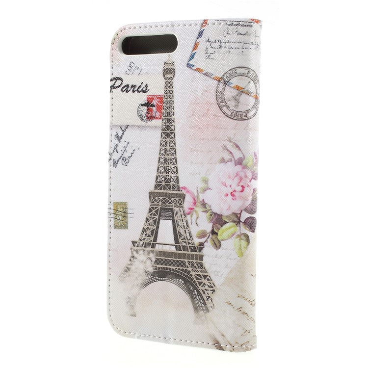 Cross Texture Patterned Leather Wallet Stand Cover for Huawei Y6 (2018) / Honor 7A (without Fingerprint Sensor) - Eiffel Tower and Flower