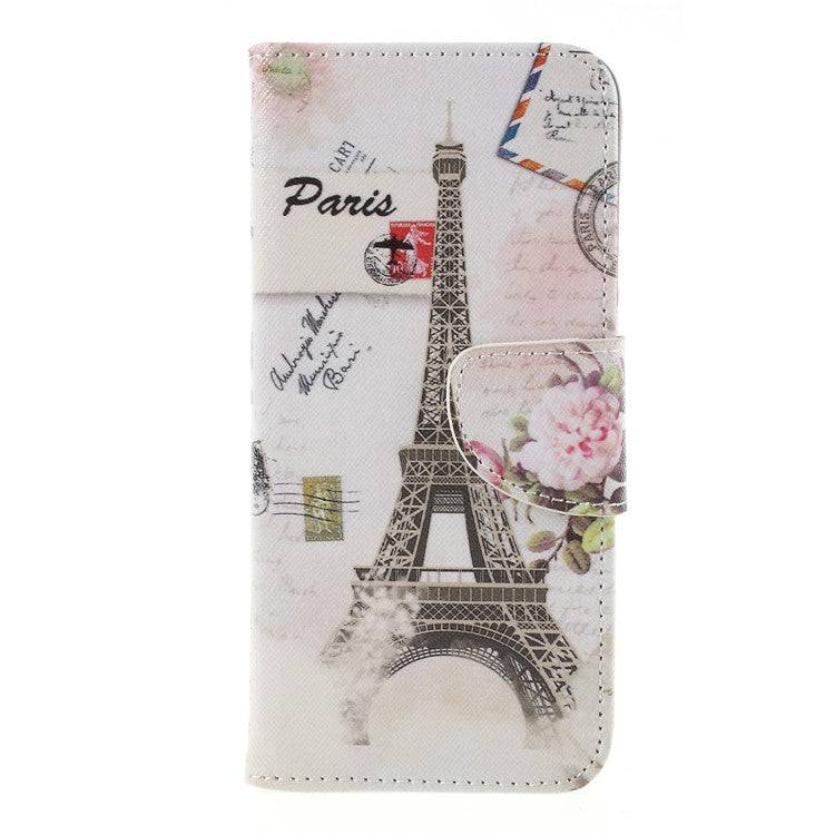Cross Texture Patterned Leather Wallet Stand Cover for Huawei Y6 (2018) / Honor 7A (without Fingerprint Sensor) - Eiffel Tower and Flower