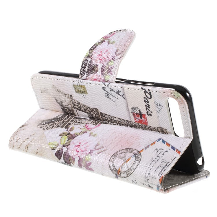 Cross Texture Patterned Leather Wallet Stand Cover for Huawei Y6 (2018) / Honor 7A (without Fingerprint Sensor) - Eiffel Tower and Flower