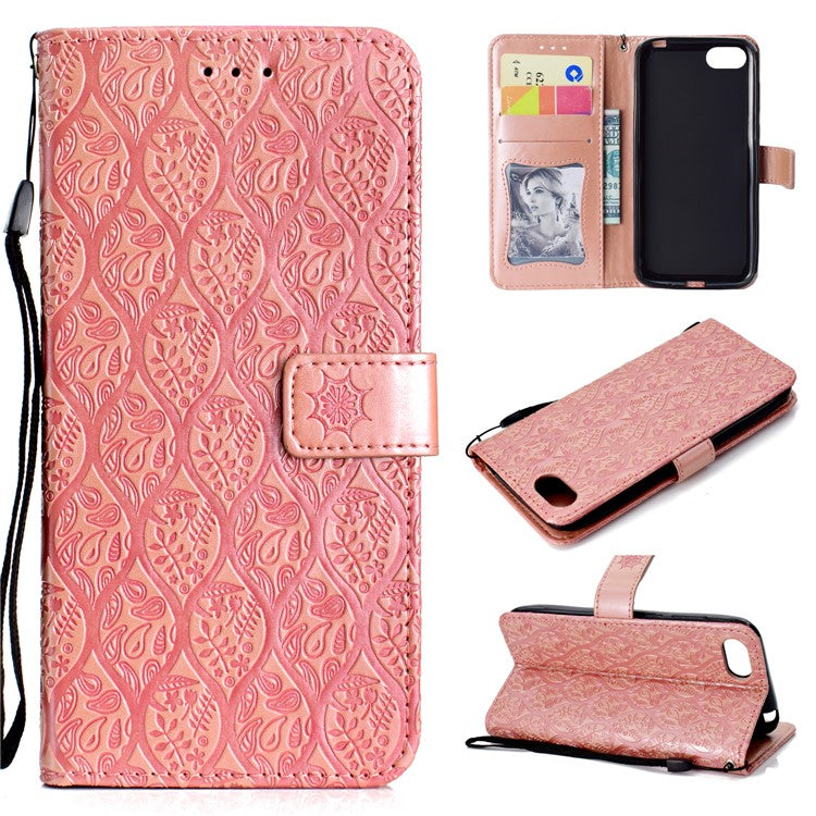 Imprint Leaf Leather Stand Wallet Phone Shell for Huawei Y5 (2018) / Y5 Prime (2018) / Honor 7s / Play 7 - Pink