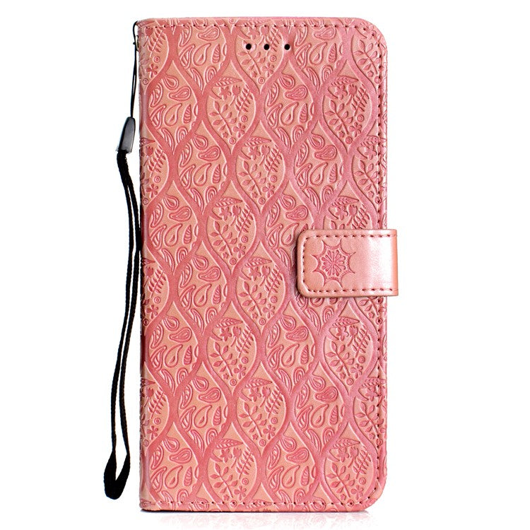Imprint Leaf Leather Stand Wallet Phone Shell for Huawei Y5 (2018) / Y5 Prime (2018) / Honor 7s / Play 7 - Pink