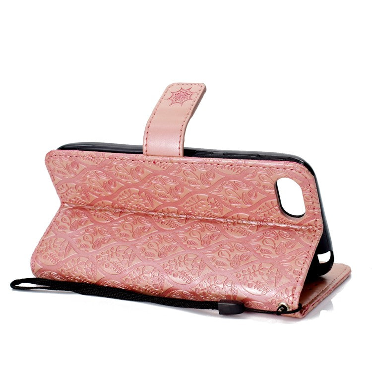 Imprint Leaf Leather Stand Wallet Phone Shell for Huawei Y5 (2018) / Y5 Prime (2018) / Honor 7s / Play 7 - Pink