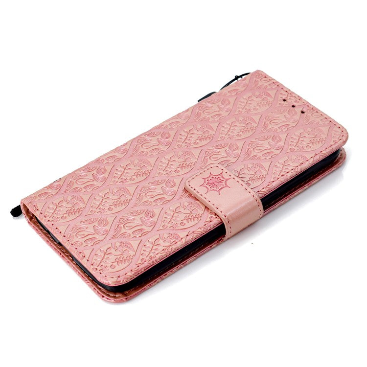 Imprint Leaf Leather Stand Wallet Phone Shell for Huawei Y5 (2018) / Y5 Prime (2018) / Honor 7s / Play 7 - Pink