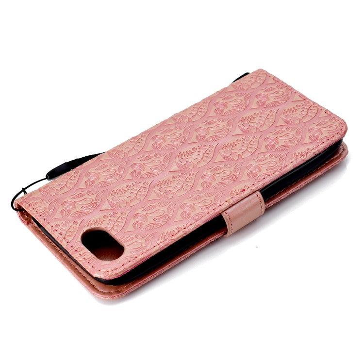 Imprint Leaf Leather Stand Wallet Phone Shell for Huawei Y5 (2018) / Y5 Prime (2018) / Honor 7s / Play 7 - Pink