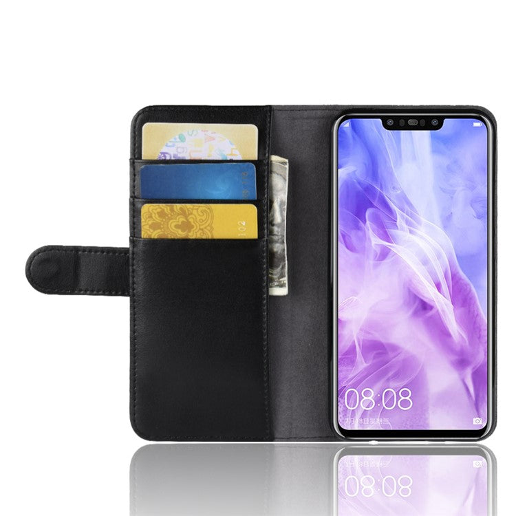 Genuine Split Leather Wallet Stand Case for Huawei nova 3 - Black
