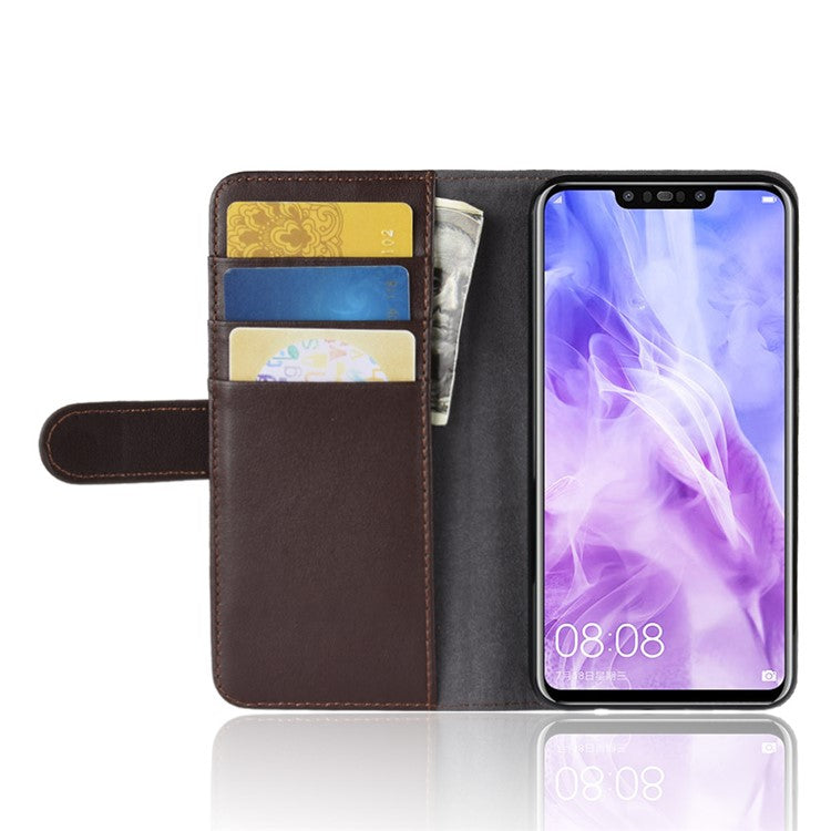 Genuine Split Leather Wallet Stand Cover for Huawei nova 3 - Brown