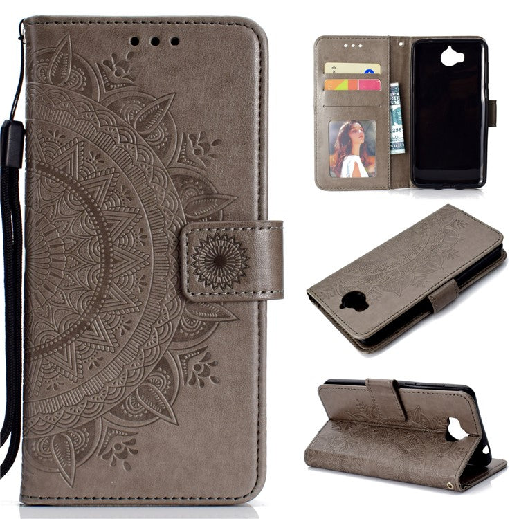 Imprinted Mandala Pattern Wallet Leather Mobile Case for Huawei Y5 (2017) / Y6 (2017) - Grey