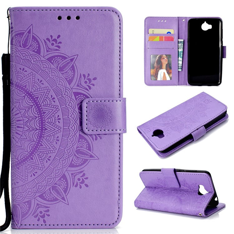 Imprinted Mandala Pattern Wallet Leather Protective Case with Magnet for Huawei Y5 (2017) / Y6 (2017) - Purple