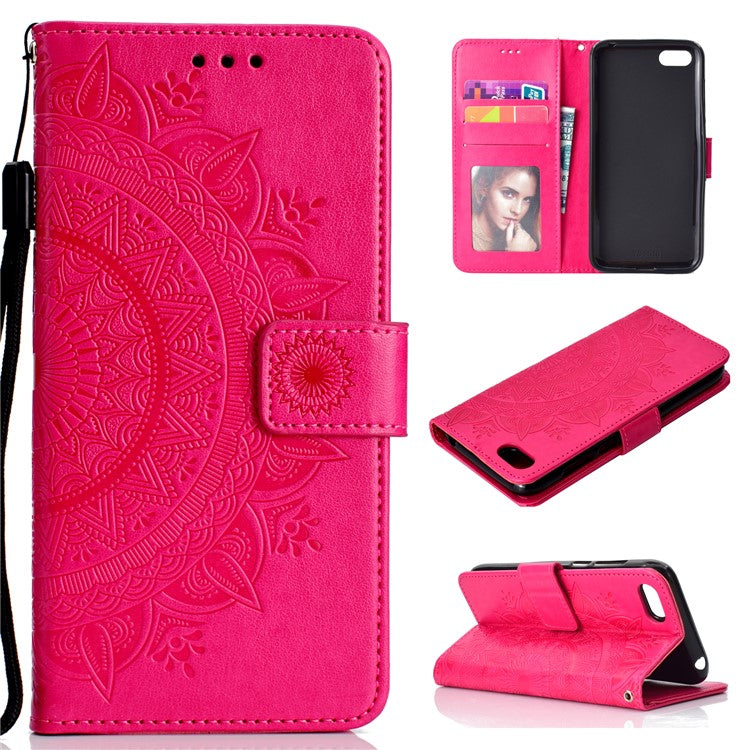 Imprinted Mandala Pattern Wallet Leather Mobile Cover for Huawei Y5 (2018) / Y5 Prime (2018) / Honor Play 7 / Honor 7s - Rose