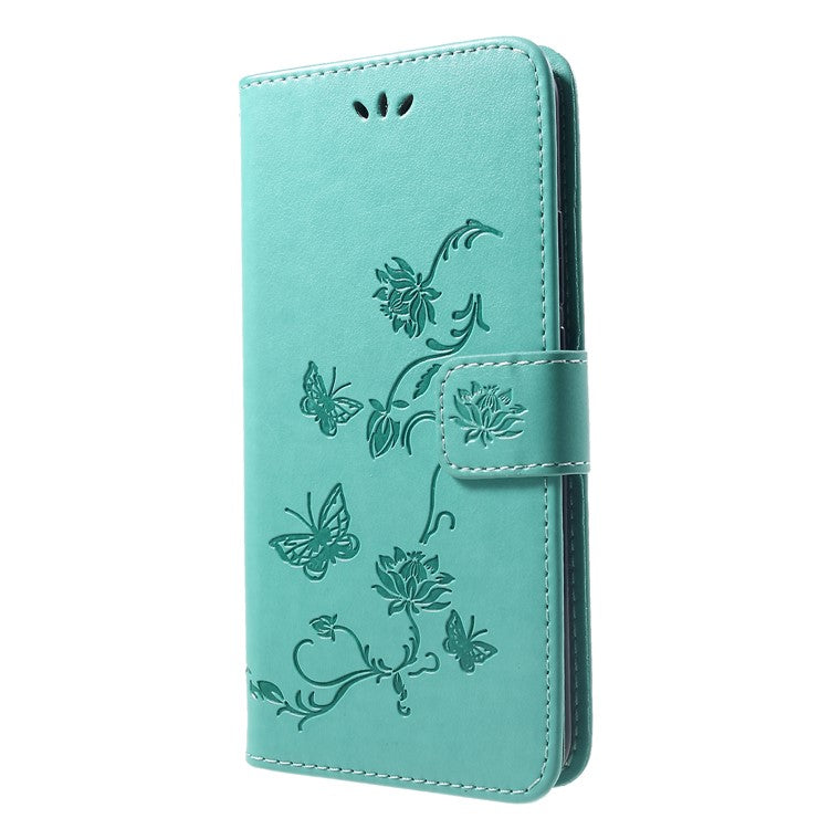 Imprint Butterfly Flower PU Leather Phone Cover Stand Wallet Case for Huawei nova 3i / P Smart Plus - Cyan