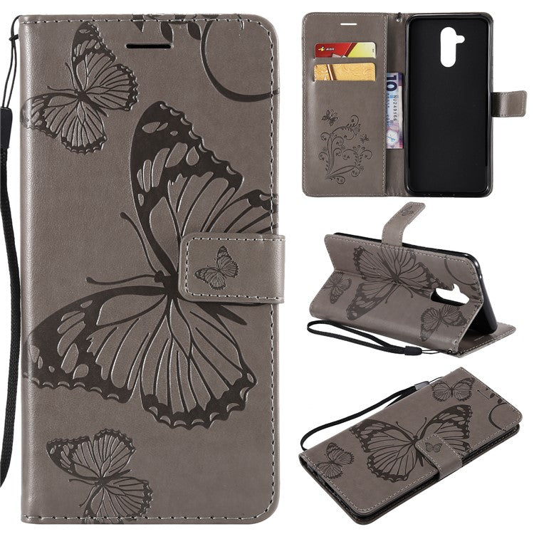 KT Imprinting Flower Series-2 Imprint Butterfly Flower Leather Wallet Magnetic Stand Cover for Huawei Mate 20 Lite - Grey