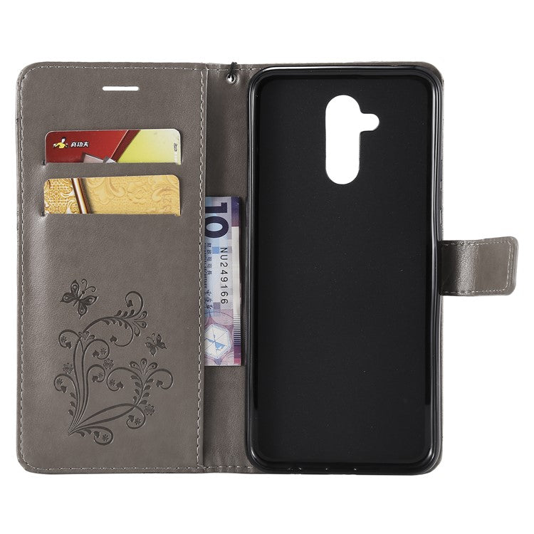KT Imprinting Flower Series-2 Imprint Butterfly Flower Leather Wallet Magnetic Stand Cover for Huawei Mate 20 Lite - Grey
