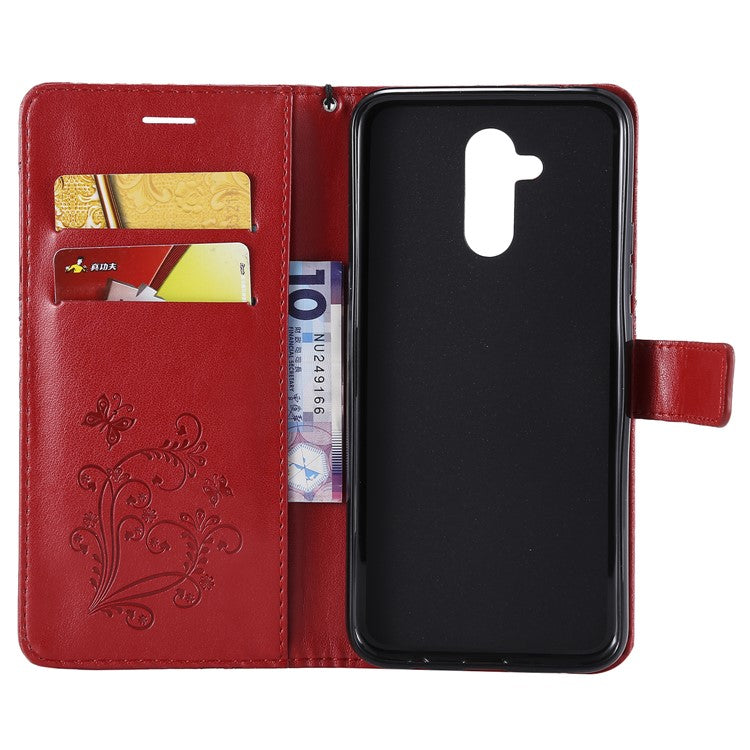 KT Imprinting Flower Series-2 Imprint Butterfly Flower Leather Wallet Magnetic Stand Cover for Huawei Mate 20 Lite - Red